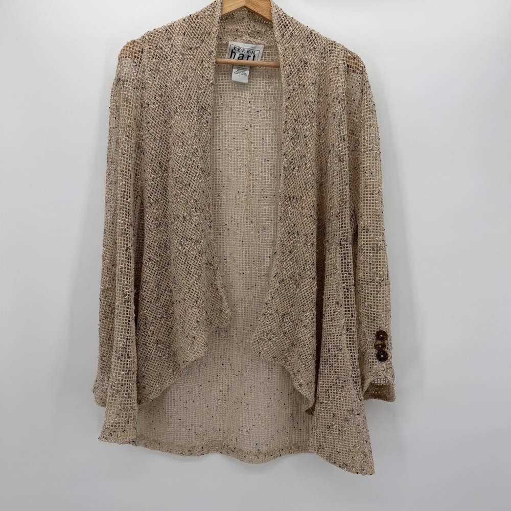 Vintage Keren Hart Beige Open Knit Mesh Draped Waterfall Cardigan Sweater L